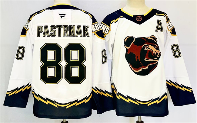 Men's White Boston Bruins #88 David Pastrnak 2024-25 With A Patch Reverse Retro Home Stitched Hockey Jersey